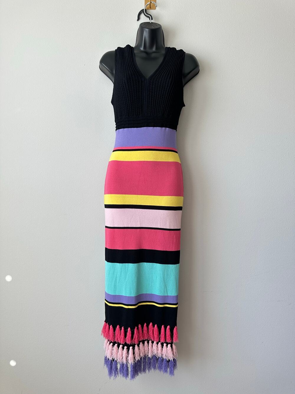 Vintage Y2K colorful stripe knit tassel fringe midi dress bodycon vacation
